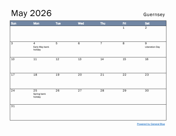 May 2026 Simple Monthly Calendar for Guernsey