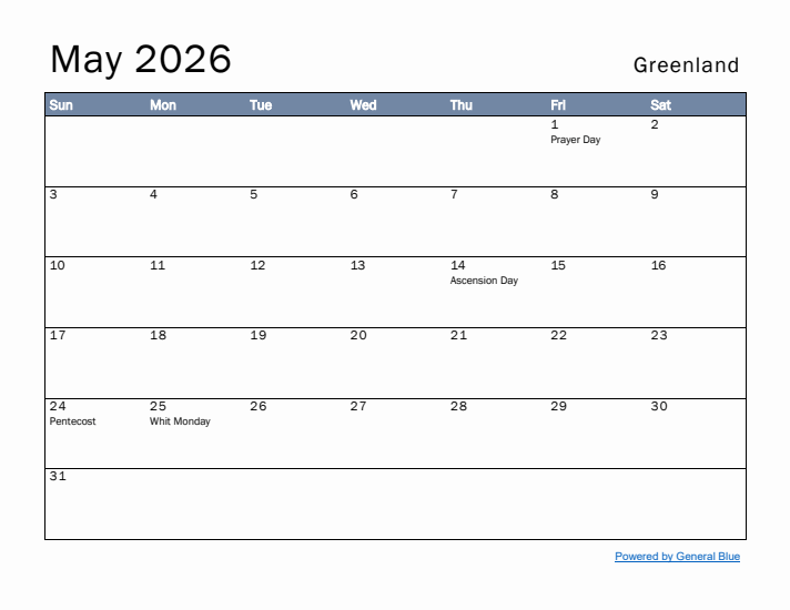 May 2026 Simple Monthly Calendar for Greenland