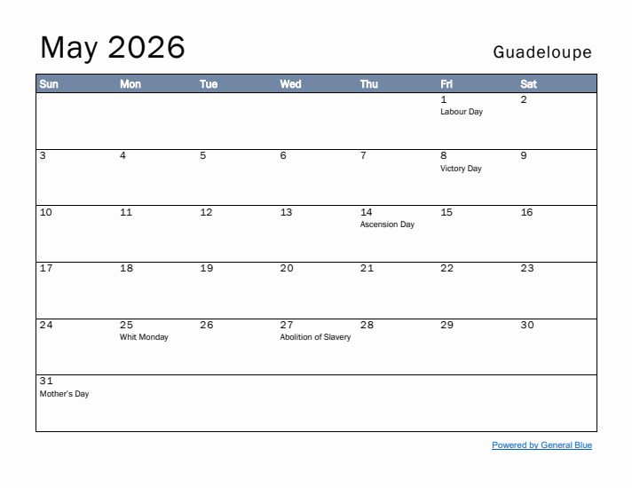 May 2026 Simple Monthly Calendar for Guadeloupe