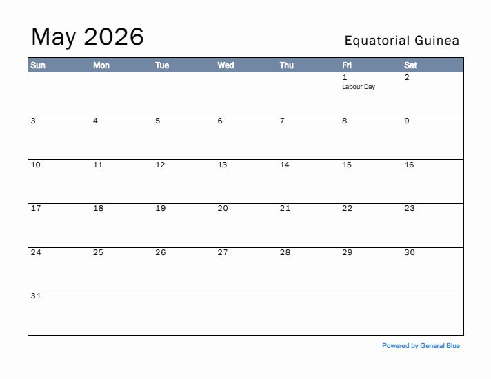 May 2026 Simple Monthly Calendar for Equatorial Guinea