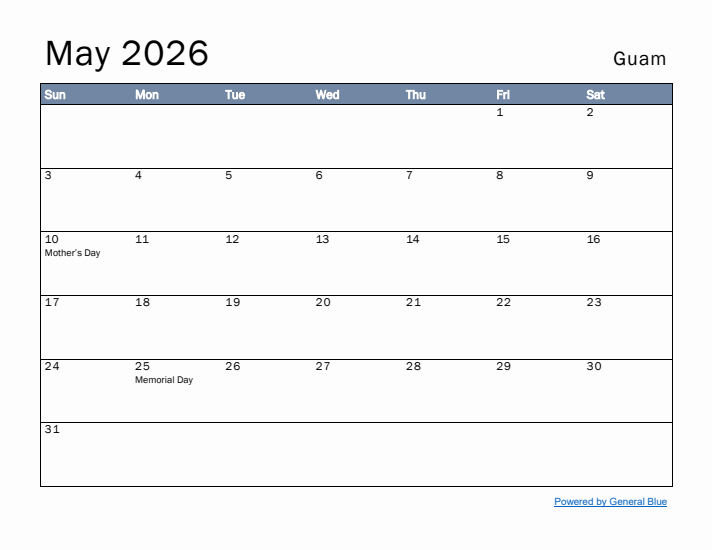 May 2026 Simple Monthly Calendar for Guam