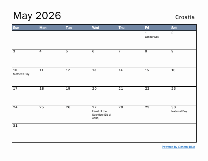 May 2026 Simple Monthly Calendar for Croatia