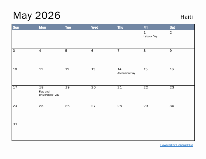 May 2026 Simple Monthly Calendar for Haiti