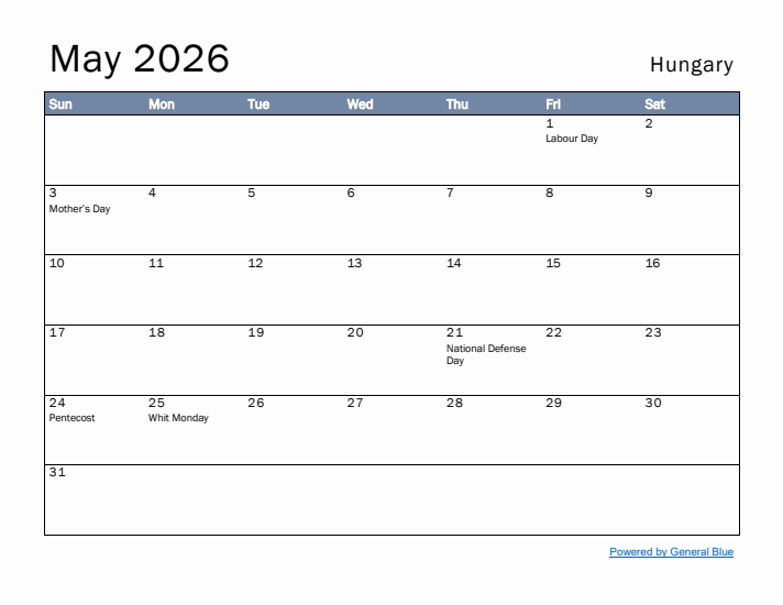 May 2026 Simple Monthly Calendar for Hungary