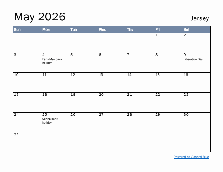 May 2026 Simple Monthly Calendar for Jersey