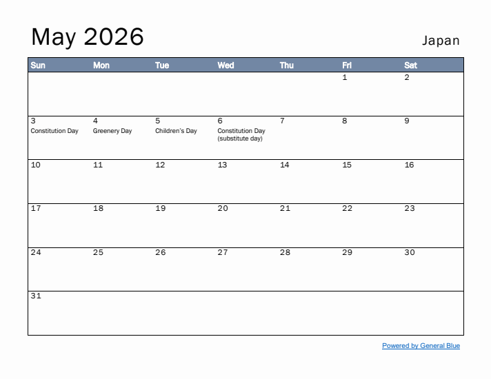 May 2026 Simple Monthly Calendar for Japan