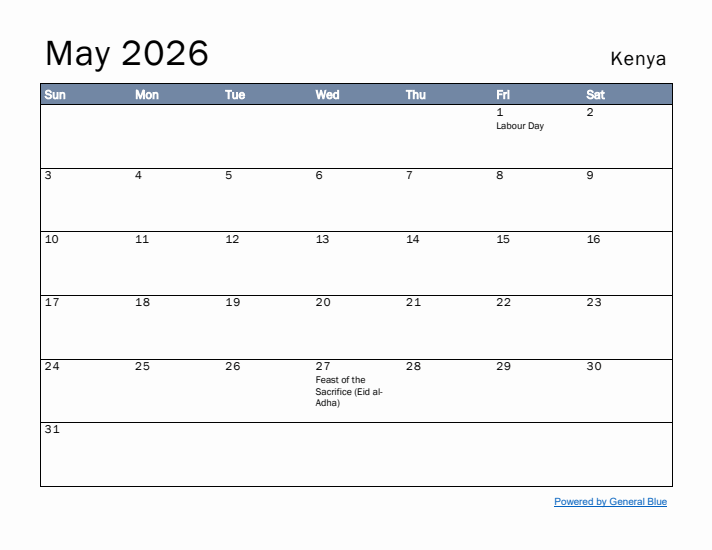 May 2026 Simple Monthly Calendar for Kenya