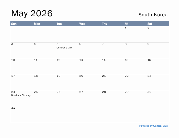 May 2026 Simple Monthly Calendar for South Korea