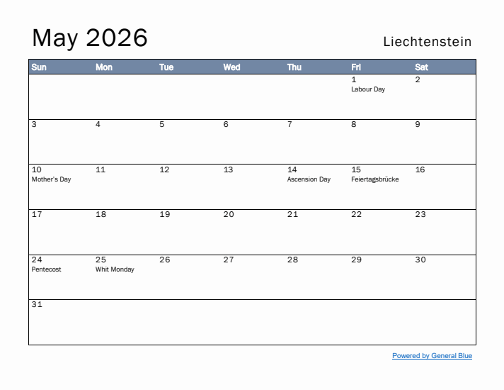 May 2026 Simple Monthly Calendar for Liechtenstein