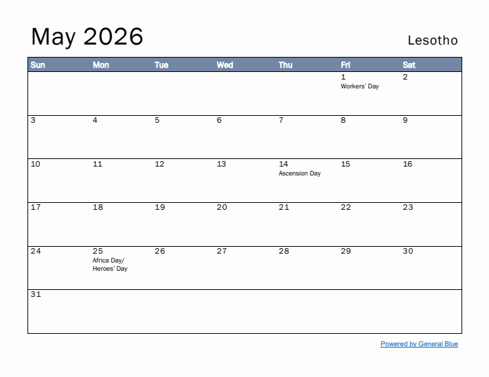 May 2026 Simple Monthly Calendar for Lesotho