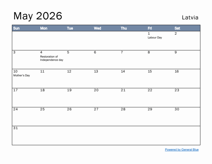 May 2026 Simple Monthly Calendar for Latvia