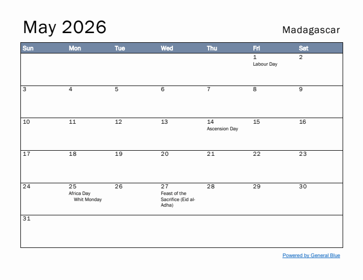 May 2026 Simple Monthly Calendar for Madagascar