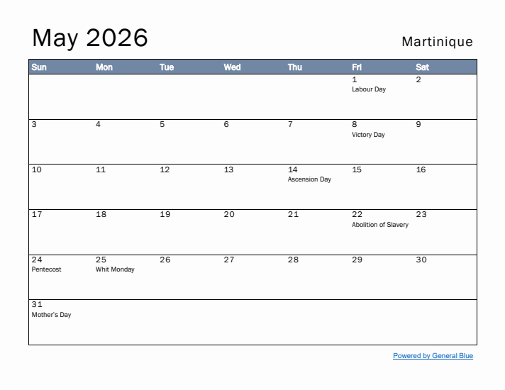 May 2026 Simple Monthly Calendar for Martinique