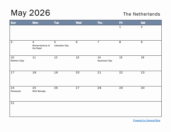 May 2026 Simple Monthly Calendar for The Netherlands