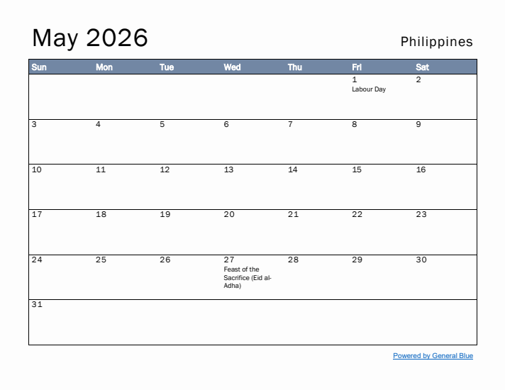 May 2026 Simple Monthly Calendar for Philippines