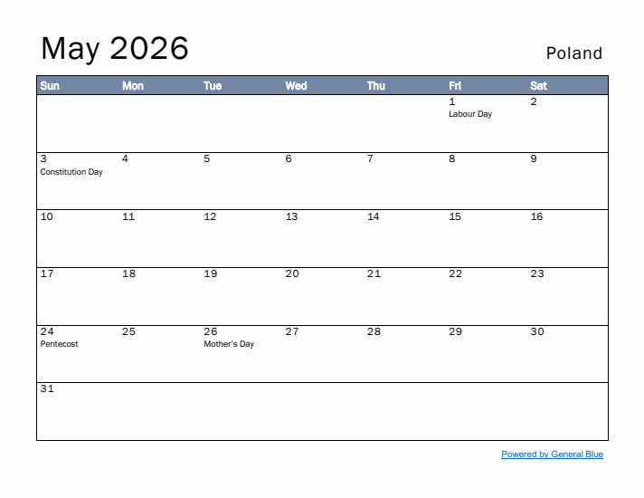 May 2026 Simple Monthly Calendar for Poland