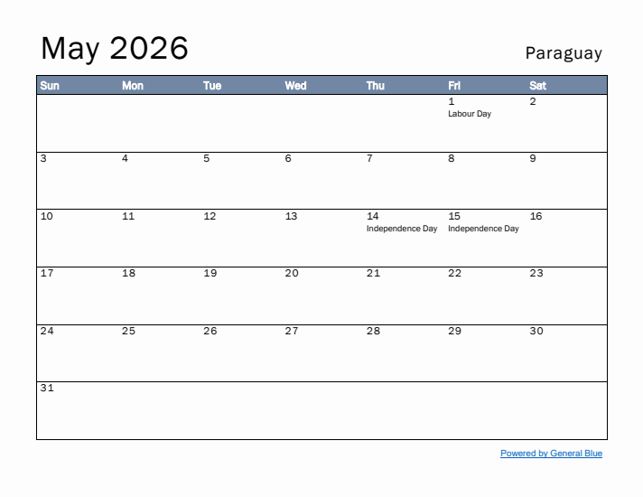 May 2026 Simple Monthly Calendar for Paraguay