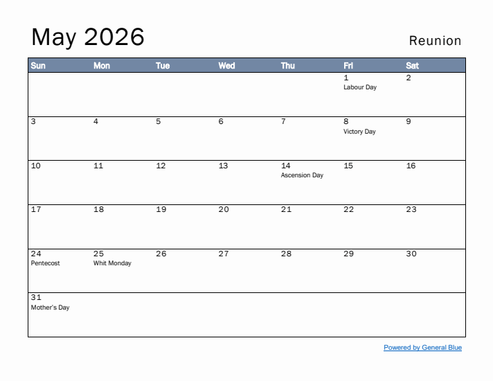 May 2026 Simple Monthly Calendar for Reunion