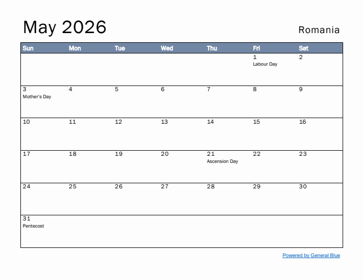 May 2026 Simple Monthly Calendar for Romania