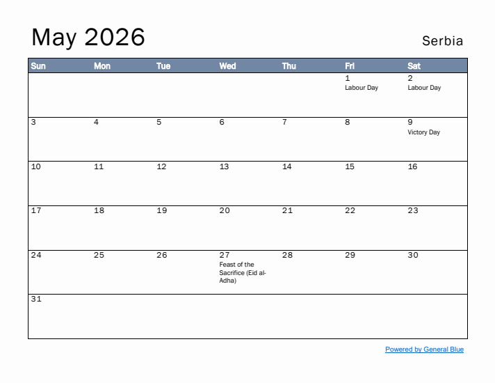 May 2026 Simple Monthly Calendar for Serbia