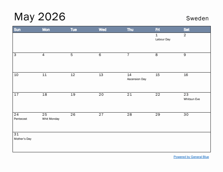 May 2026 Simple Monthly Calendar for Sweden