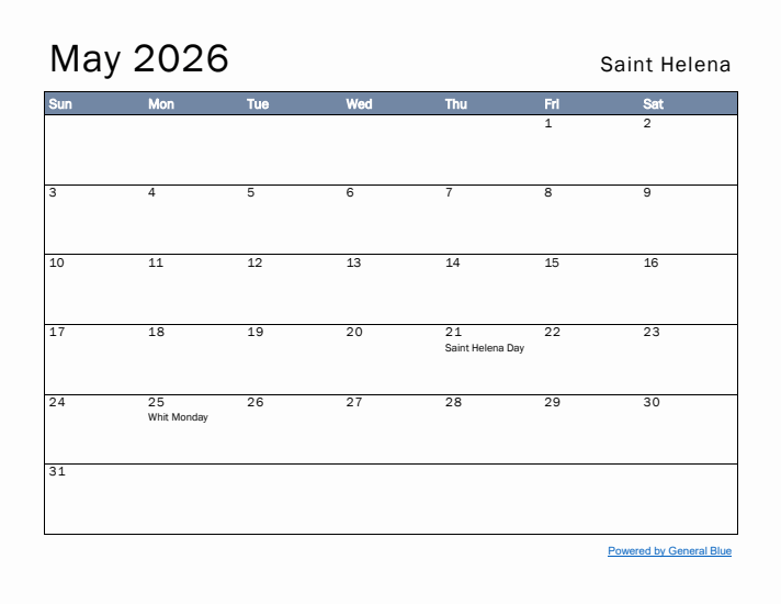 May 2026 Simple Monthly Calendar for Saint Helena