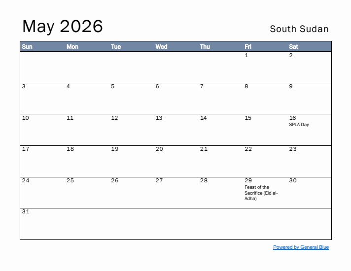 May 2026 Simple Monthly Calendar for South Sudan