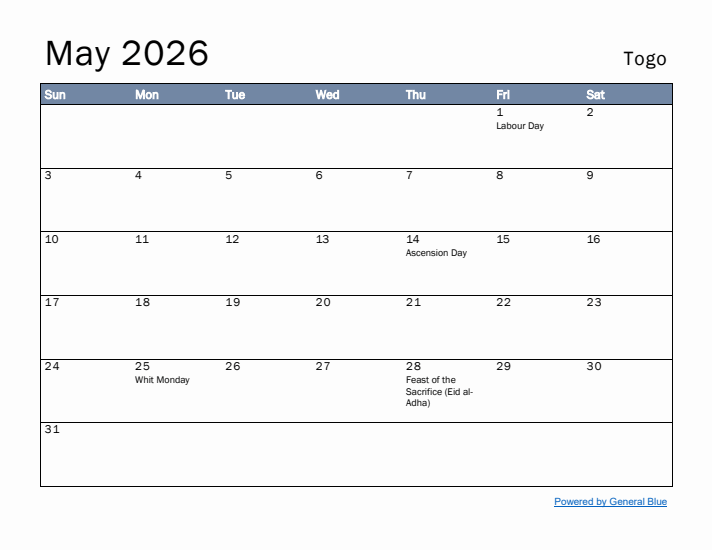 May 2026 Simple Monthly Calendar for Togo