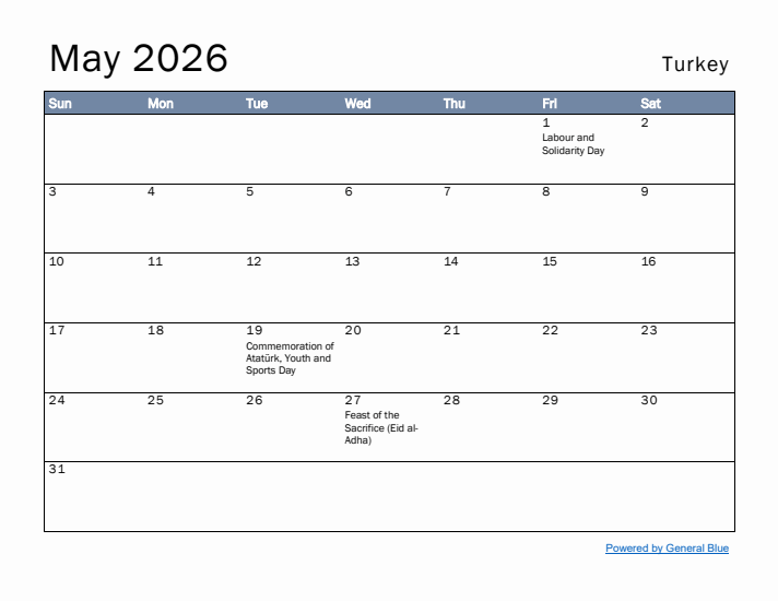 May 2026 Simple Monthly Calendar for Turkey