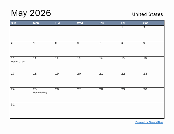 May 2026 Simple Monthly Calendar for United States