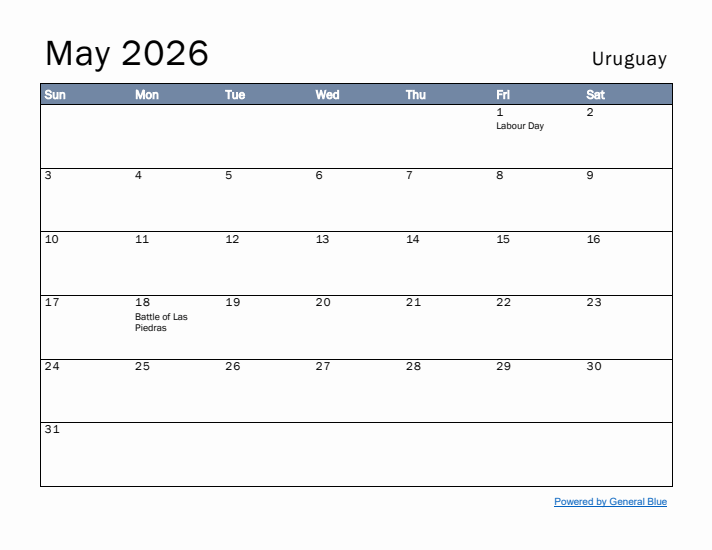 May 2026 Simple Monthly Calendar for Uruguay