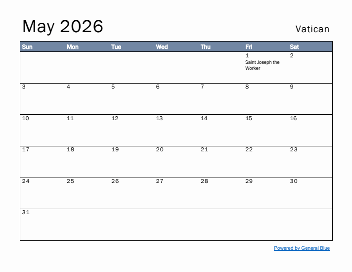 May 2026 Simple Monthly Calendar for Vatican