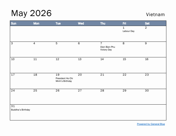 May 2026 Simple Monthly Calendar for Vietnam