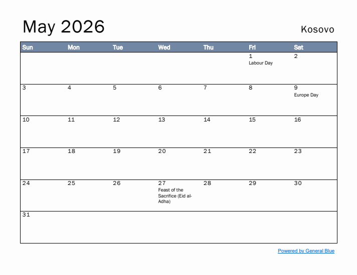 May 2026 Simple Monthly Calendar for Kosovo