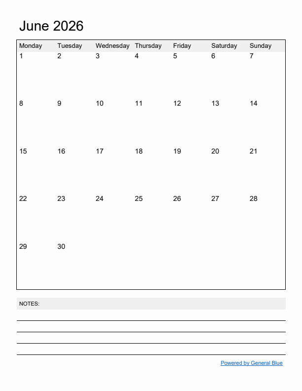 Basic Monthly Calendar Template for June 2026