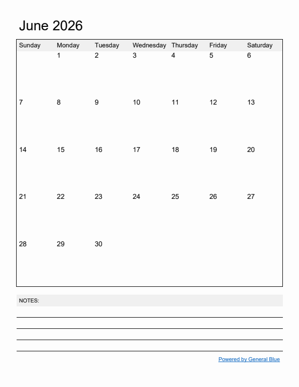 Basic Monthly Calendar Template for June 2026