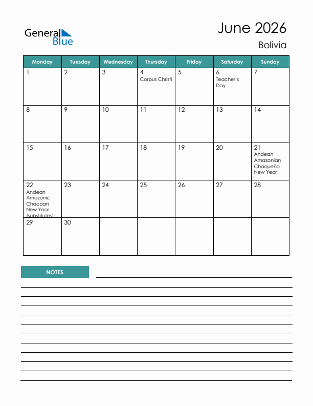 Calendar with Notes Printable - Monday Start