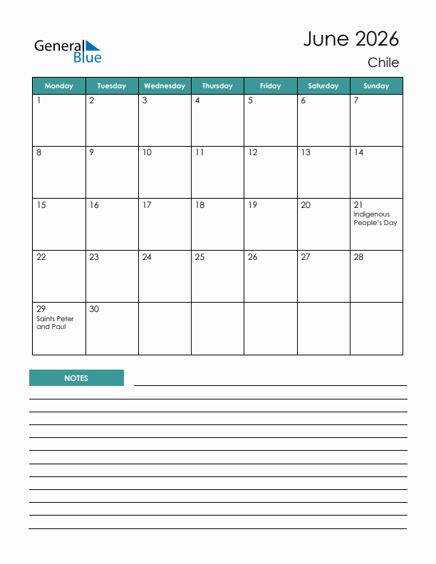 Calendar with Notes Printable - Monday Start