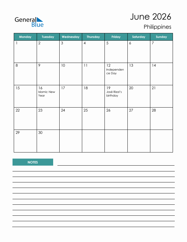 Calendar with Notes Printable - Monday Start