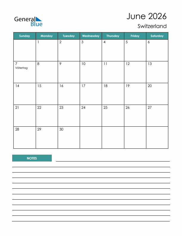 Calendar with Notes Printable - Sunday Start