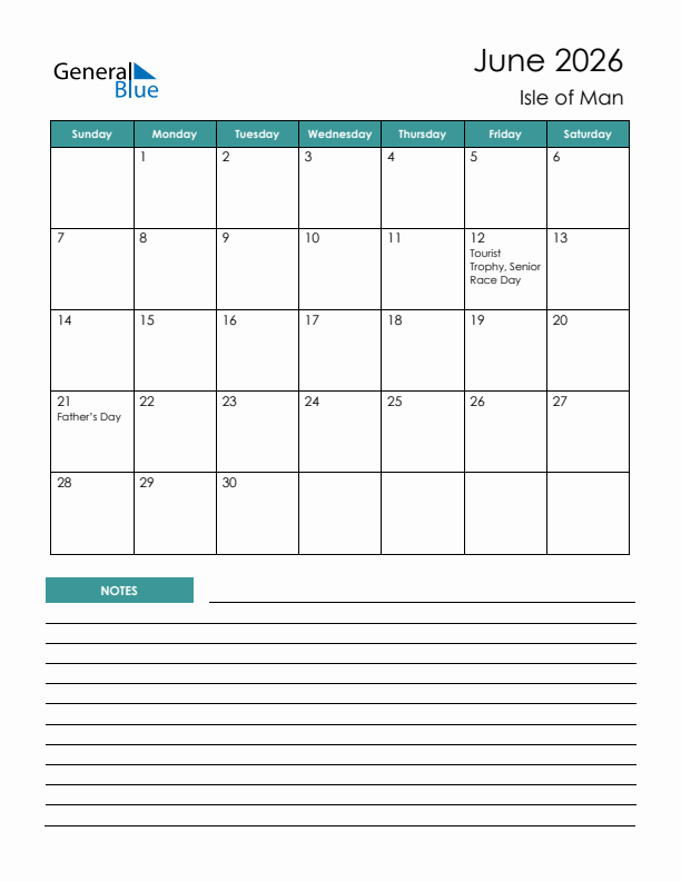 Calendar with Notes Printable - Sunday Start