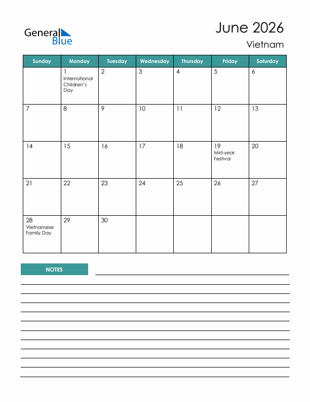 Calendar with Notes Printable - Sunday Start