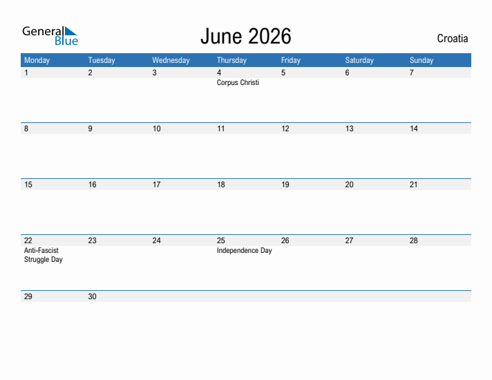 Fillable June 2026 Calendar