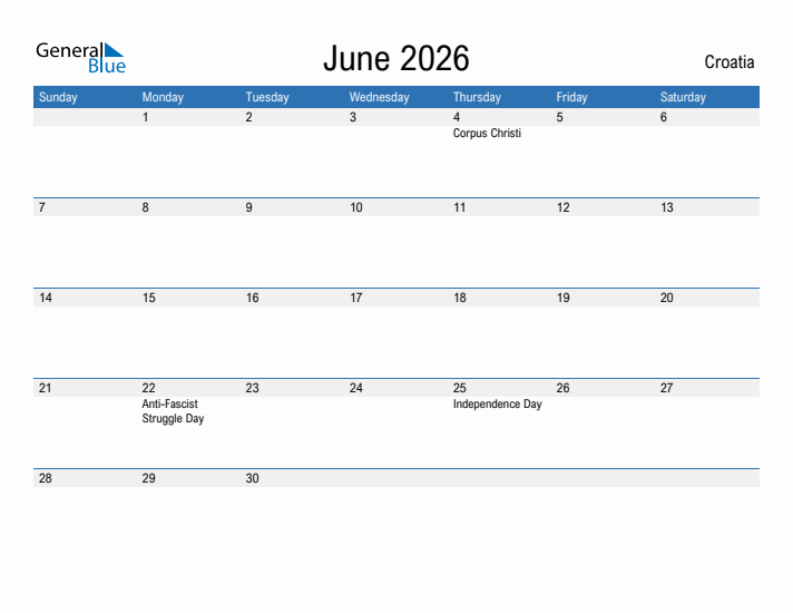 Fillable June 2026 Calendar