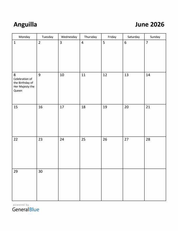 June 2026 Calendar with Anguilla Holidays