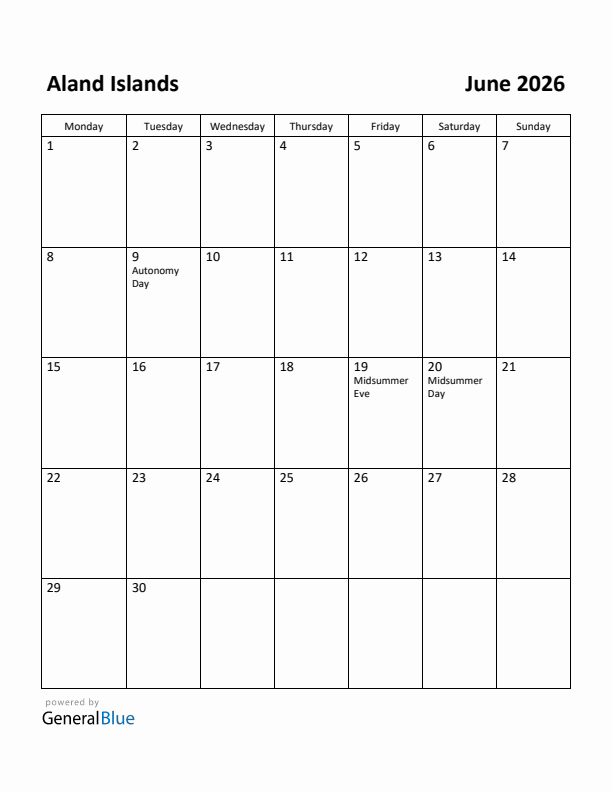 June 2026 Calendar with Aland Islands Holidays