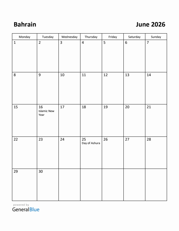 June 2026 Calendar with Bahrain Holidays