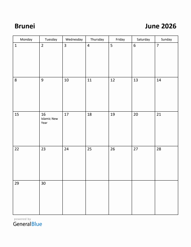 June 2026 Calendar with Brunei Holidays