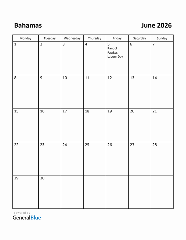 June 2026 Calendar with Bahamas Holidays