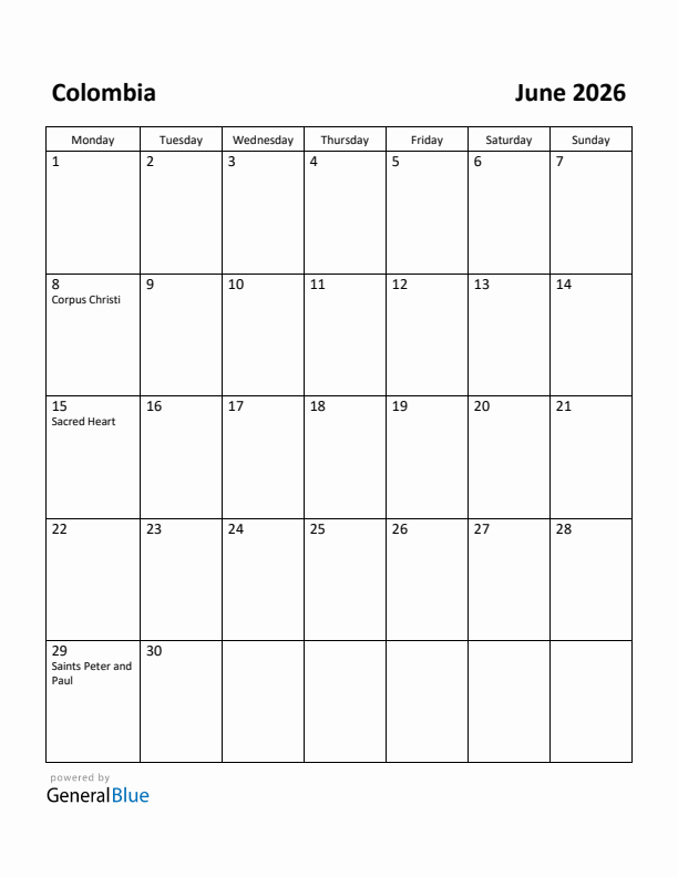 June 2026 Calendar with Colombia Holidays